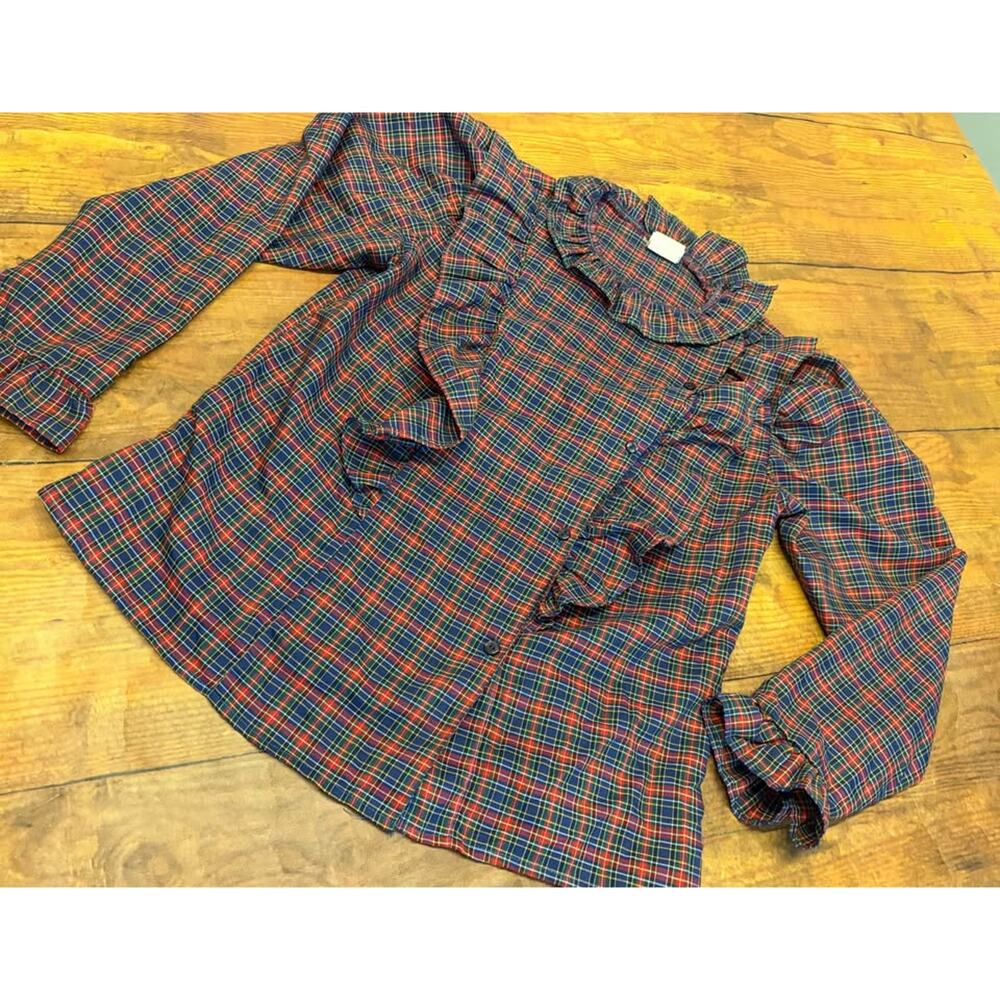 Vintage Topson Downs Plaid‎ Ruffle Blouse Equestrian Cottagecore Prairie Horse
